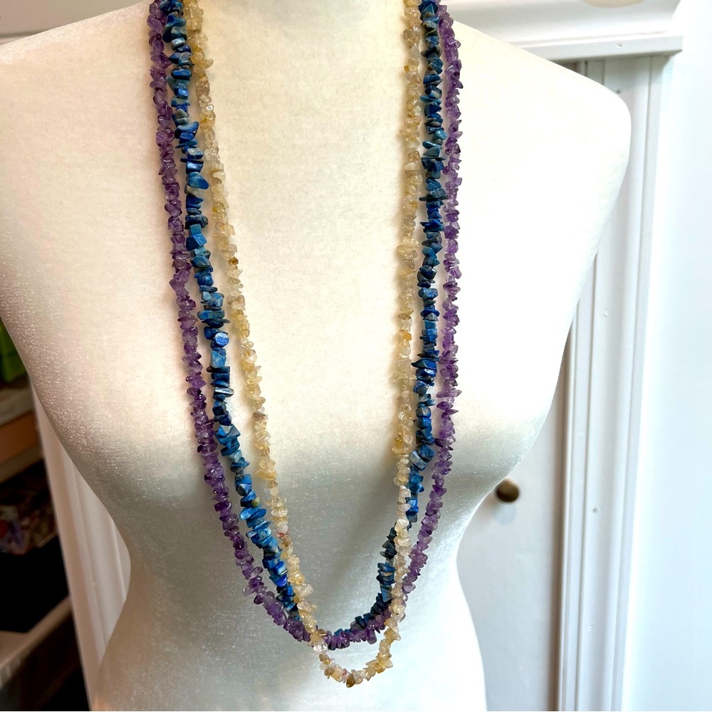 Set of three long Multi-Color Gemstone Necklaces amethyst lapis and cream strand